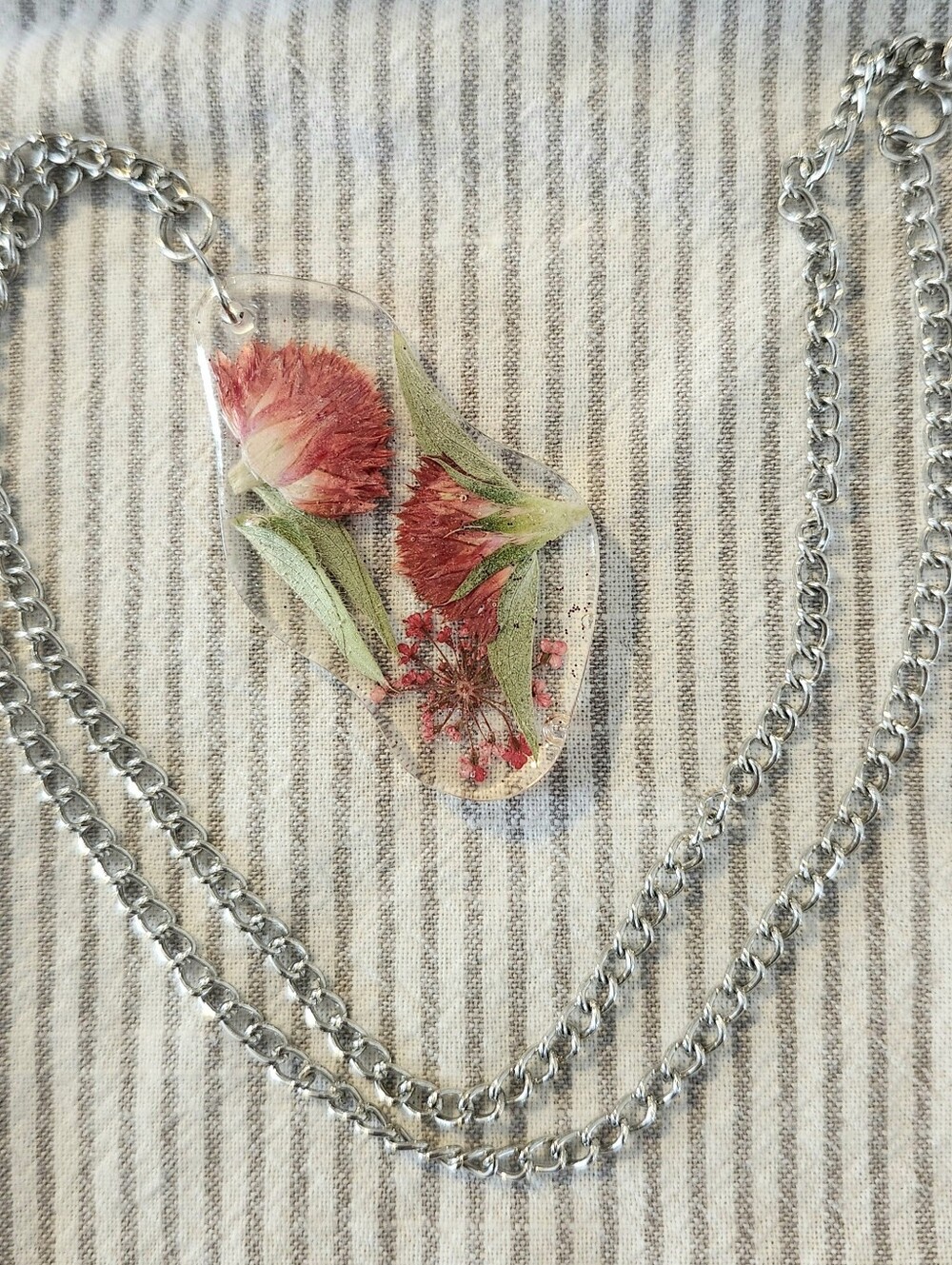 Handcrafted Resin Pendant With Red Pressed Flowers On Link Chain Necklace